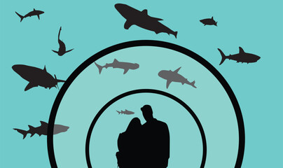 Vector illustration of people watching through tunnel aquarium