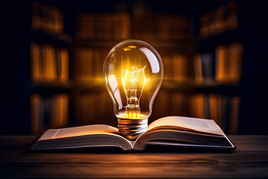 Ideas and knowledge concept image background with a glowing light bulb in middle of books.