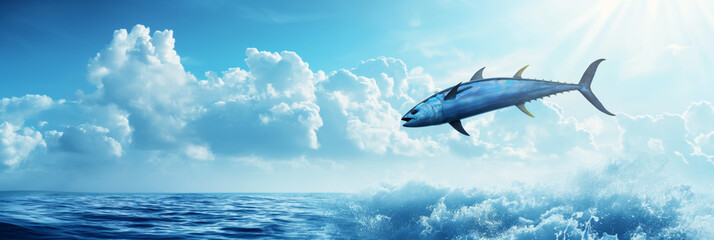 An artistic representation of a marlin fish swimming elegantly under the sunlit ocean surface