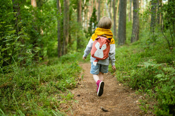 Cute little boy with a backpack having fun outdoors on sunny summer day. Child exploring nature. Kid going on a trip. © MNStudio