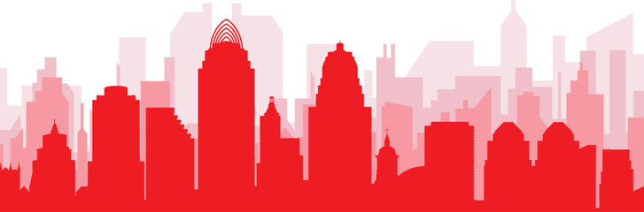 Red panoramic city skyline poster with reddish misty transparent background buildings of CINCINNATI, UNITED STATES