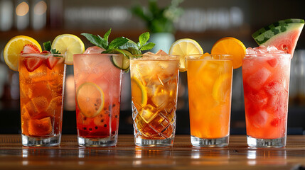 Colorful Assortment of Refreshing Summer Cocktails - obrazy, fototapety, plakaty