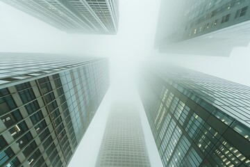 Modern skyscrapers on a white foggy sky background.