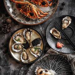 A luxurious restaurant table with Oyster shells filled with black sea pearls, fresh raw crabs are scattered around them. There are also chopsticks next to the dish. 