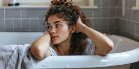 Obraz premium Portrait of a young woman resting in a bathtub. The girl is wearing a dress.