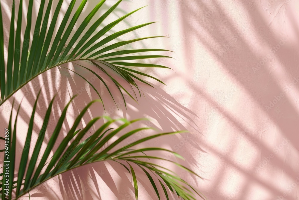 Poster palm tree casting a shadow on a light pink wall, creating a soft blurred effect