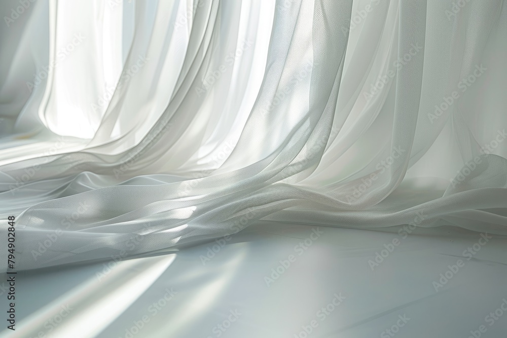 Poster a close-up of a white curtain with soft light filtering through, creating a gentle and ethereal atmo