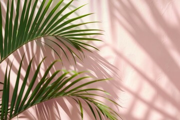 Palm tree casting a shadow on a light pink wall, creating a soft blurred effect