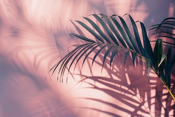 Closeup of a palm tree casting a blurred shadow on a light pink wall