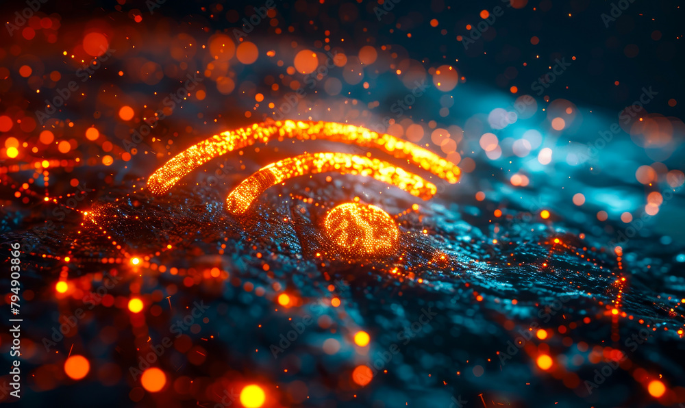 Poster high-tech wireless network visualization: abstract data flow with glowing wi-fi symbol on dark backg