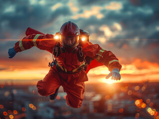 Emergency scene, superhero doctor flying in, dusk lighting, wide angle
