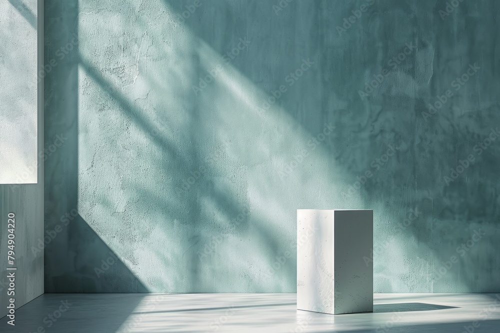 Poster an empty room featuring a solitary concrete block positioned in the center against a plain backdrop