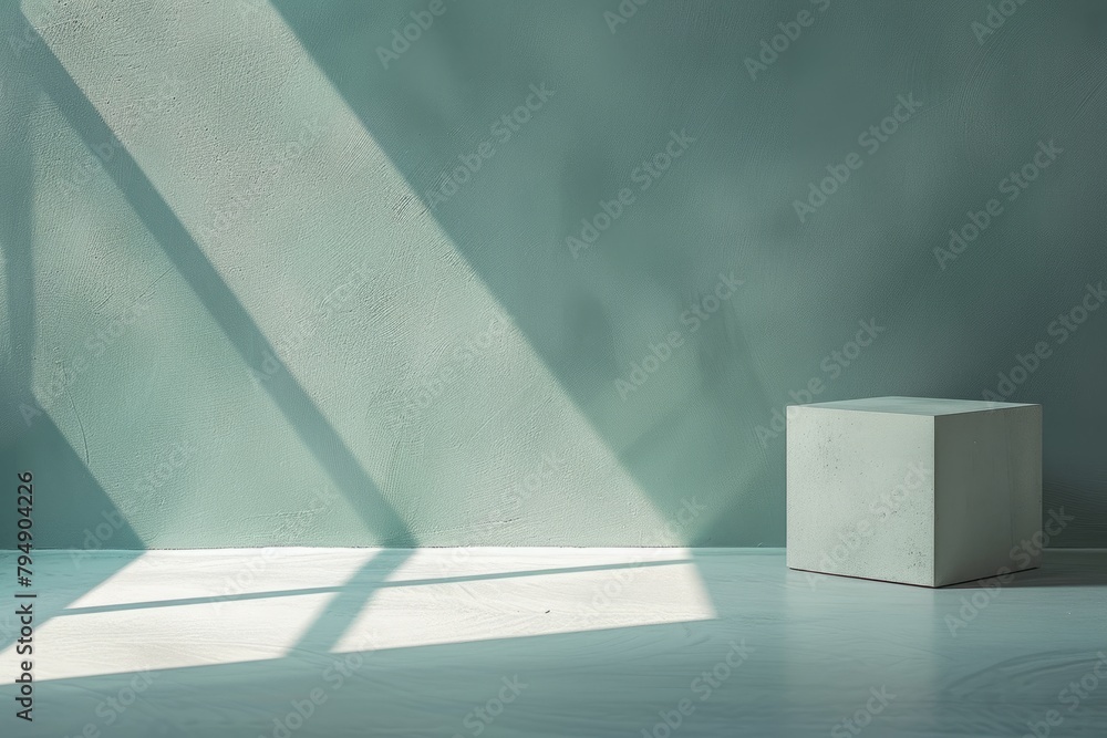 Poster a white box is placed on top of a white floor, creating a minimalist and clean aesthetic with soft s