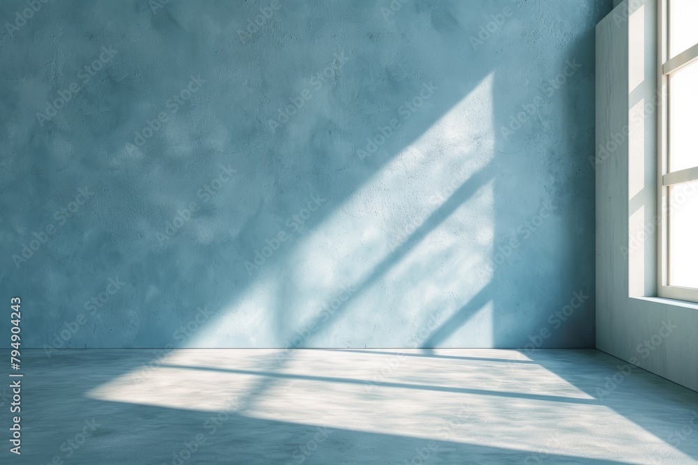 Poster an empty room featuring a blue wall with a window, creating a minimalist and modern setting