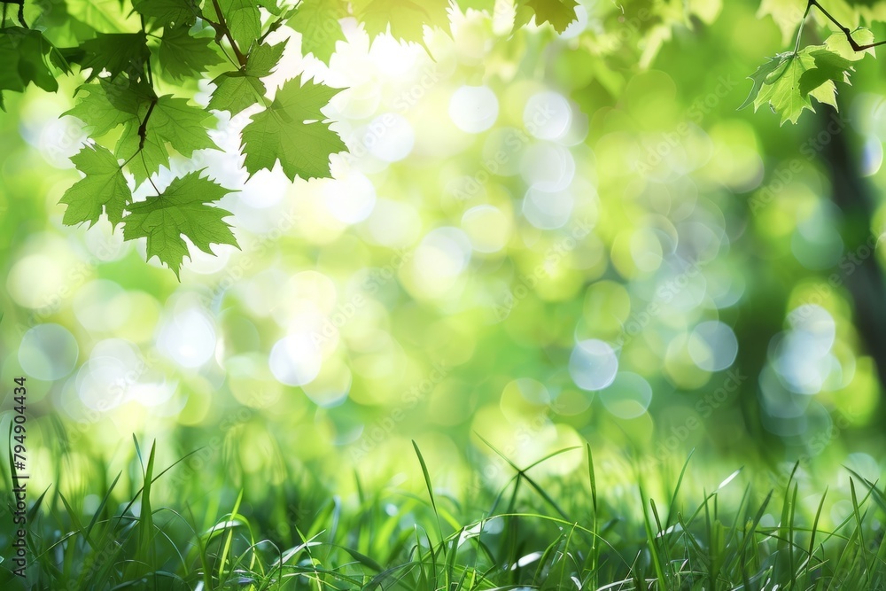 Poster detailed view of a lush green tree with vibrant leaves, illuminated by sunlight, capturing the intri