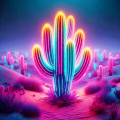 3d illustration cactus vibrant neon lighting night desert background - Generative AI