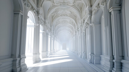 Fantasy white marble arches in fictional building. AI generative.