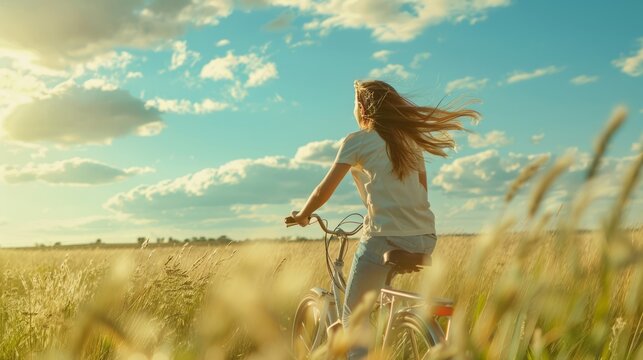 Lifestyle image of a young woman enjoying a leisurely bike ride