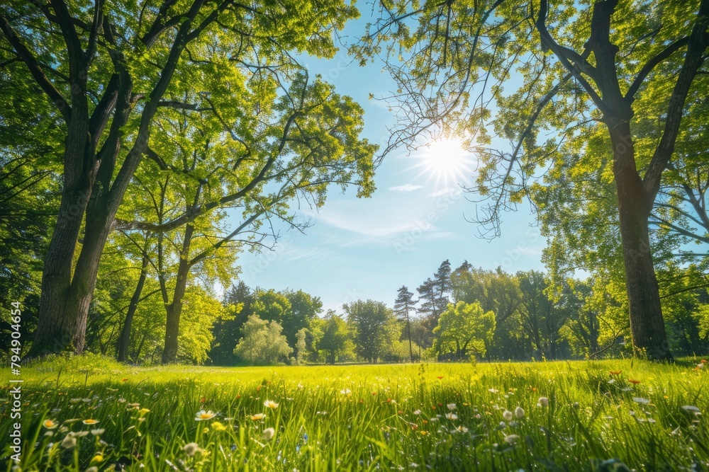 Poster sun shining through dense tree canopy in a park, creating dappled light and shadows on the ground be