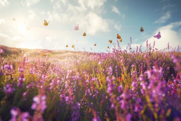 A wideangle view of a sprawling field filled with vibrant purple heather flowers and delicate butterflies fluttering around under the bright summer sun - obrazy, fototapety, plakaty
