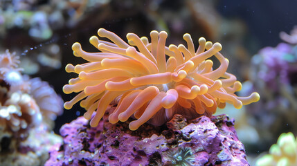 Vibrant sea anemone. Underwater coral reef. Colorful coral reef of the underwater world. Coral reef underwater. Underwater world scene. Clown Fish. beautiful coral. Underwater world. Coral reef. 