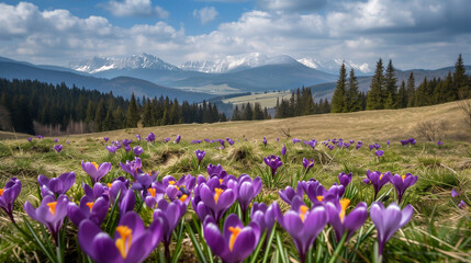 A picturesque natural landscape with a field of purple irises blooming under a cloudy sky, framed by towering mountains in the background