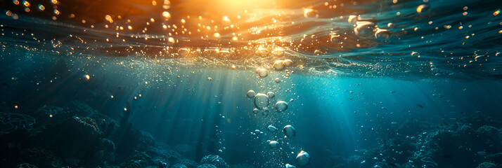Abstract underwater background with sunlight and,
Sunlight underwater with bubbles rising to water surface in the sea
