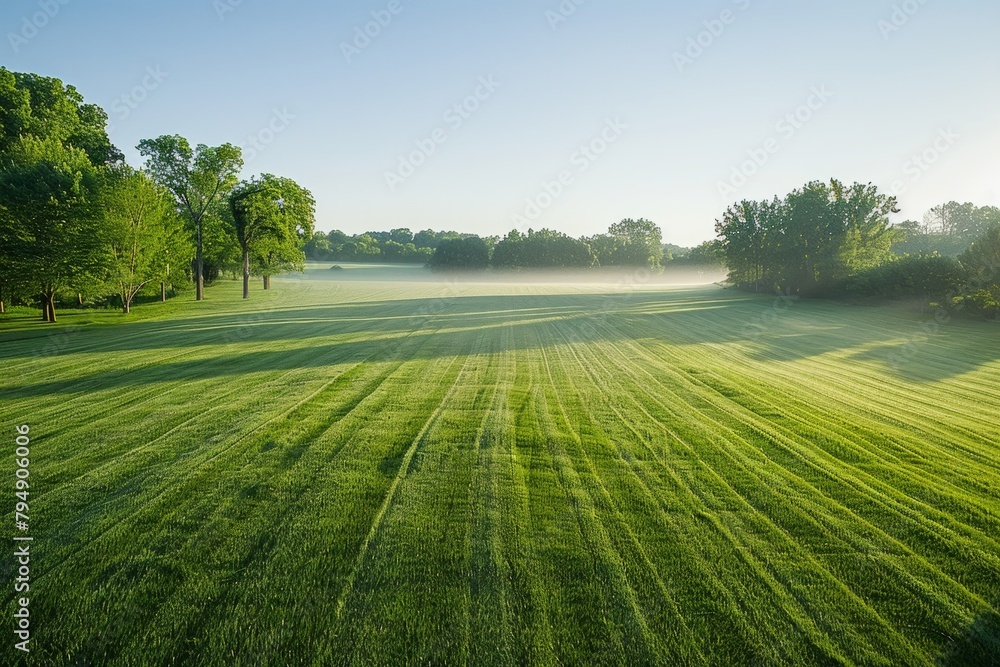 Aufkleber aerial view of a large field of grass with trees in the background on a summer morning