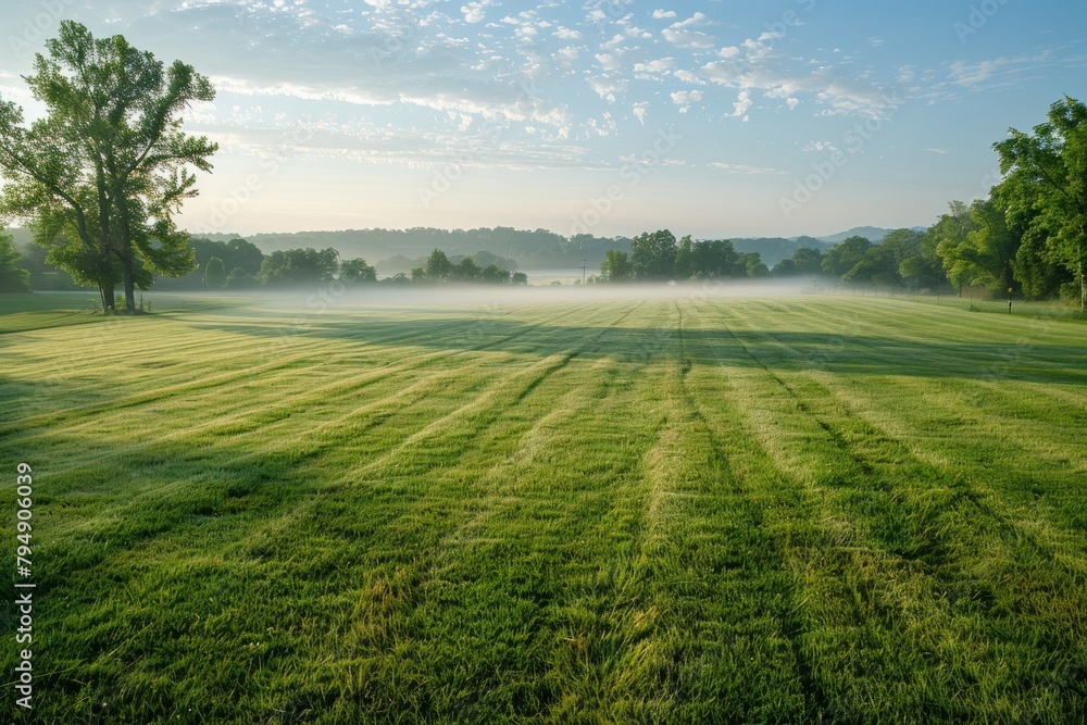 Poster an aerial view of a field of grass with trees in the background on a summer morning