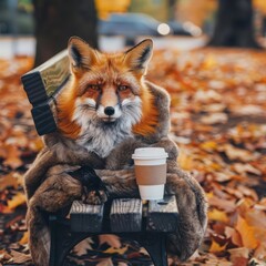 Fototapeta premium A clever fox with a coffee cup, reading the morning financial news on a park bench surrounded by autumn leaves, planning its next business move