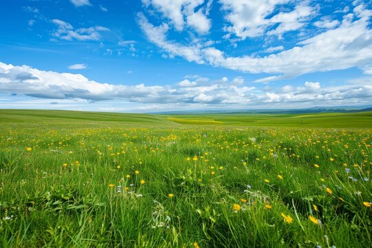 A wide-angle aerial view showing a vast green field with scattered yellow flowers, all under a clear blue sky - Powered by Adobe