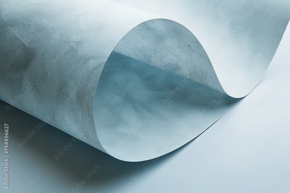 Poster angled view of a rolled-up light blue decorative paper, showcasing its smooth surface and creating a