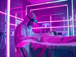 A doctor, framed by neon lights, scans a patient using advanced holographic equipment, blending modern medicine with future tech