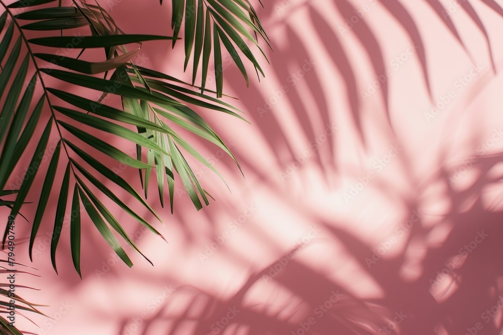 Poster palm tree casting a shadow on a pink wall, creating a visually interesting pattern of light and dark