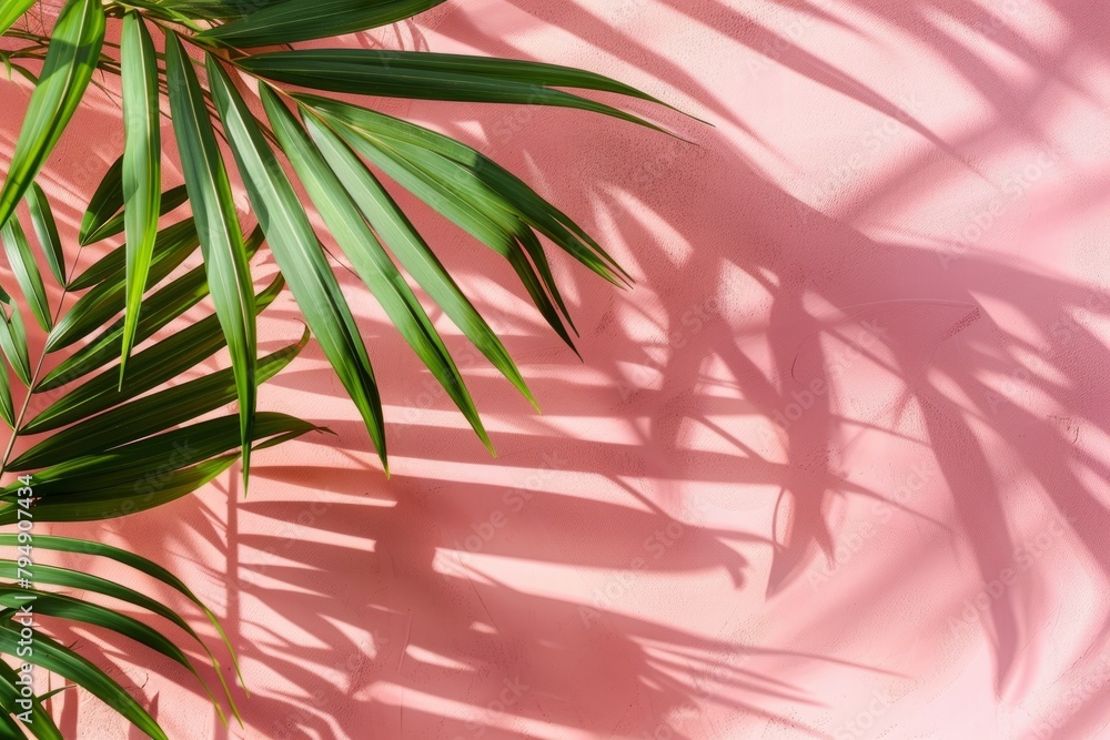 Poster a palm tree casts a shadow on a pink wall, creating a striking visual contrast between the green lea