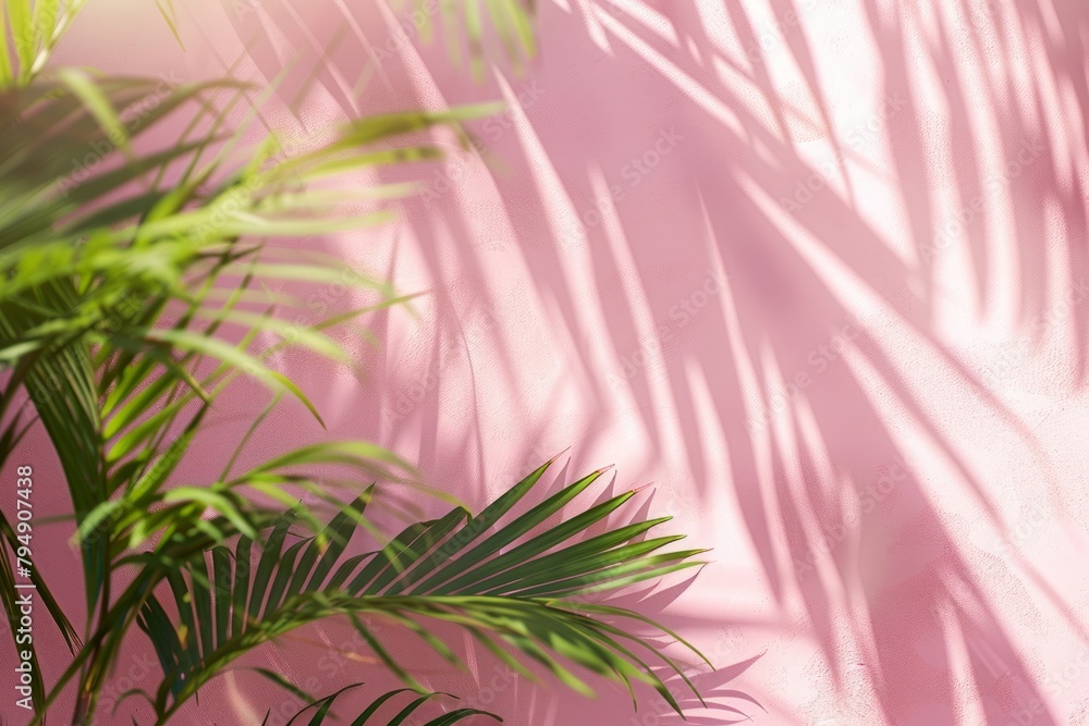 Poster palm tree casting a shadow on a pink wall in an angled view, creating a striking visual contrast