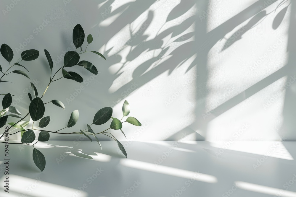 Poster a plant positioned in front of a wall, casting a shadow due to natural light, creating an intriguing