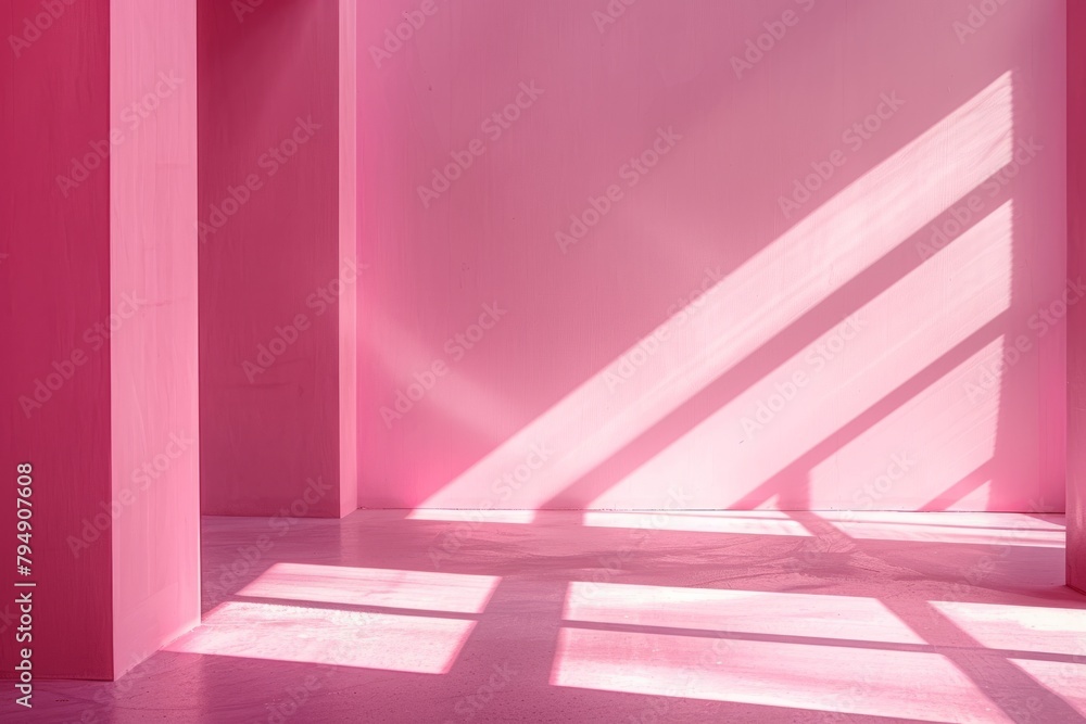Poster an overhead view of an empty room with pink walls and floors, showcasing the interplay of light and 