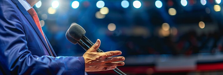 Business executive speaking emphatically at night press conference with microphones