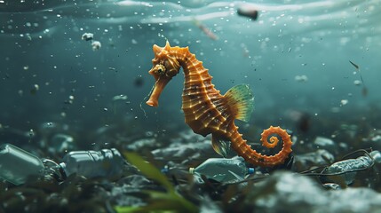 A lonely seahorse in water filled with trash and pollution. Generative Ai
