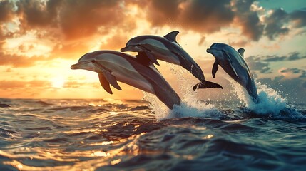 dolphins jumping in water A pod of dolphins leaps over the water at sunset. Generative Ai