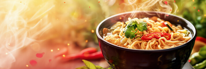 A vibrant image of a hot, steaming bowl of noodles garnished with herbs and chili peppers, invoking the flavors of Asia