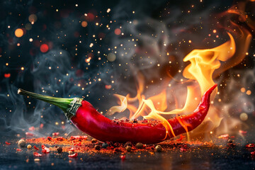 Fiery Hot Chili Pepper with Flames