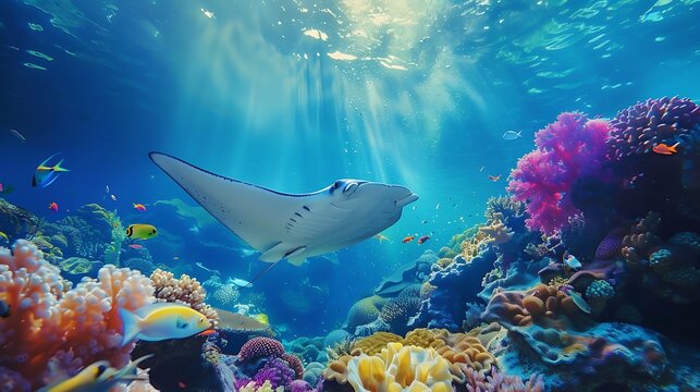 Big stingray Swim in the sea among colorful corals and little fish. The sun's rays pierce the sea from above.