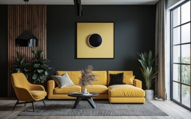 minimalism living room with black and yellow color