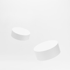 Set of two round tilt white pedestals mockup for cosmetic products, fly  on white background. Scene for presentation skin care products, gifts, advertising, sale, design, showing in elegant style.