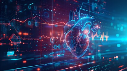 Futuristic Digital Heart Interface with Graphs. Healthcare Technology Concept Illustration. Modern Medical Visualization. Cybernetic Organ Artwork. AI