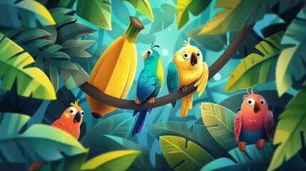 A bashful banana shyly peeks from behind a curtain of leaves, as colorful birds perch and tweet melodious tunes a serene and delightful cartoon concept - obrazy, fototapety, plakaty
