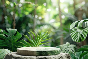 Stone podium table top floor on outdoors blur monstera tropical forest plant nature background.Organic healthy natural product placement pedestal display,spring or summer jungle - generative ai