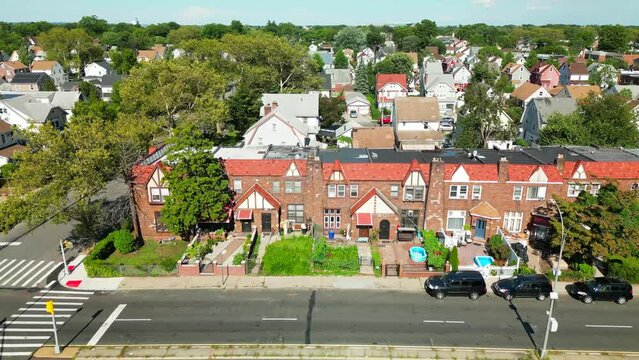 Aerial Trucking Shot of Neighborhood Homes in Hollis Queens, NY